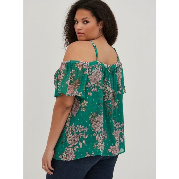NWT! Torrid Cold Shoulder Halter Top Crinkle Chiffon Floral Green Plus Size 5x - Picture 2 of 5